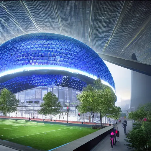 Image similar to a futuristic stadium in the middle of a city, hexagonal shaped, hexadome, blue energy field dome, unreal engine, epic lighting, crowd cheering