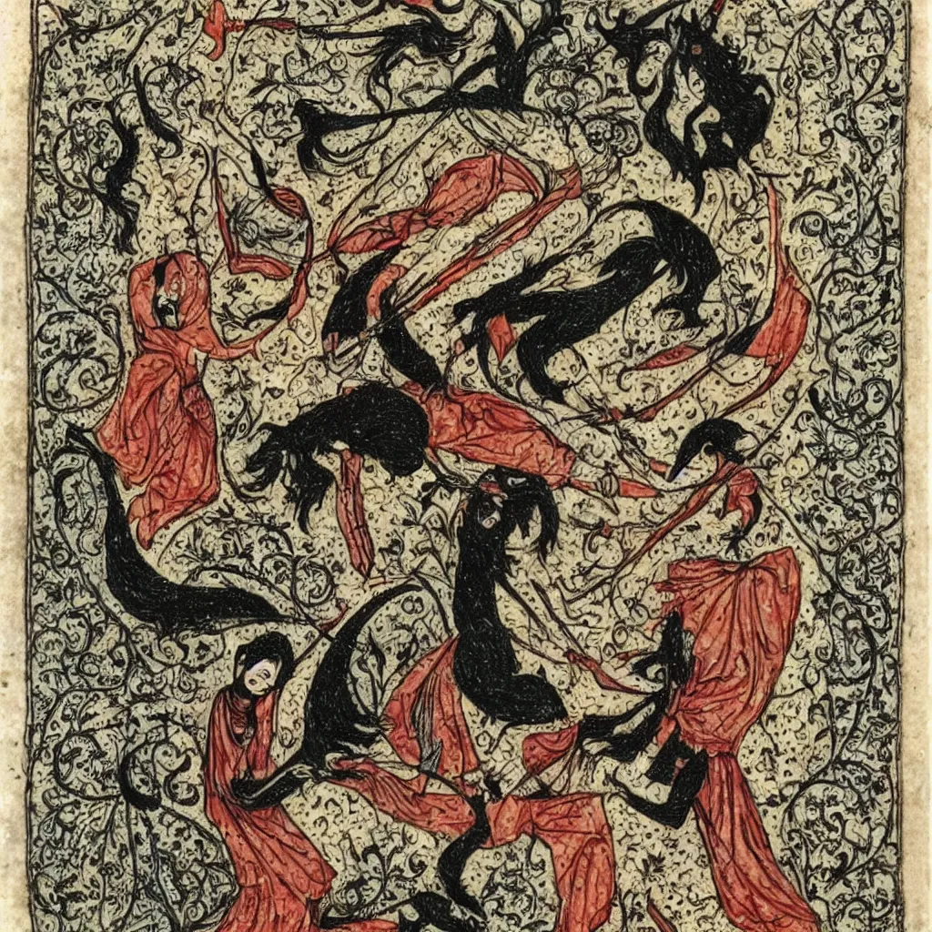 Prompt: a witch doing dark magick in Ottoman miniature style