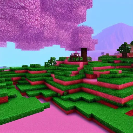 Image similar to beautiful landscape of a sakura forest on a mountain in minecraft