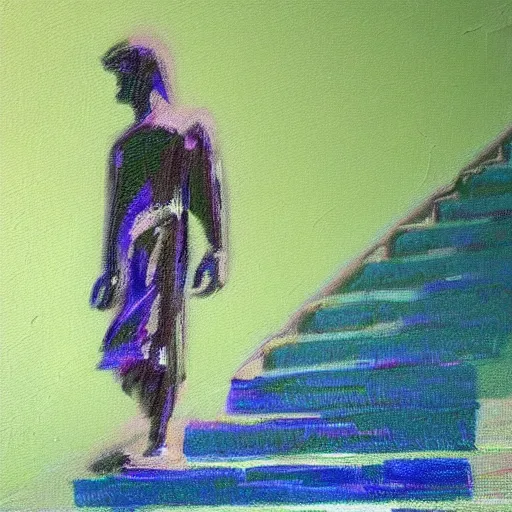 Image similar to very abstract painting of a statue of a figure walking down the stairs, impressionist painting, realistic