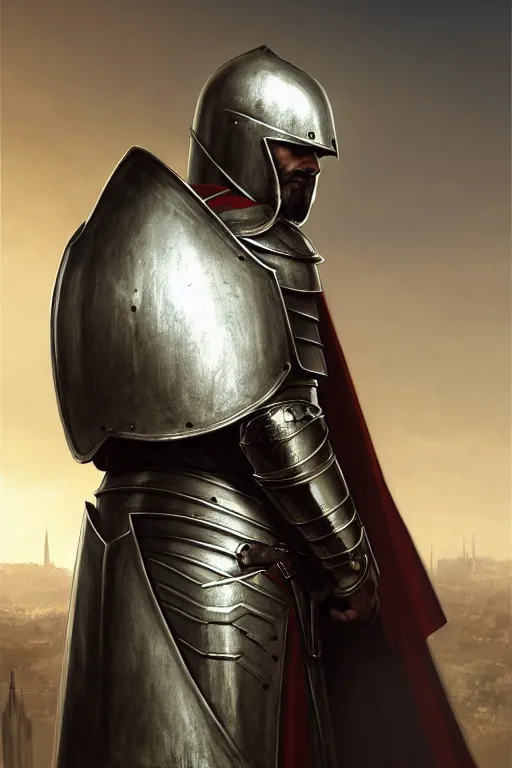 Prompt: man looking forward in iron decorated christian crusader plate armor, cylindrical crusader great helm covering all his head and white cape covering his back and elbows standing at the gates of jerusalem drawn by greg rutkowski realistic high detail