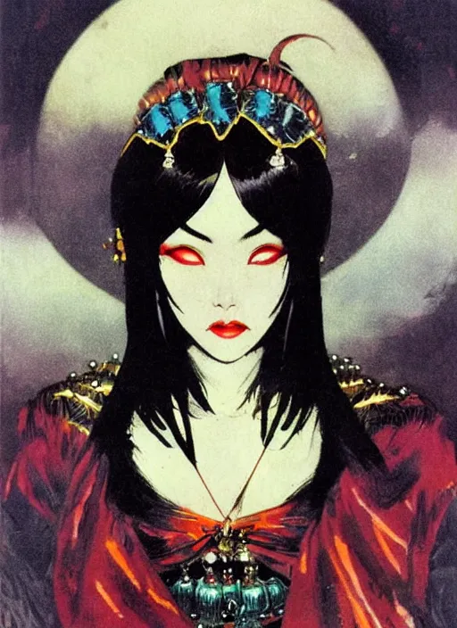 Prompt: female korean vampiress, jeweled headdress, heavy mascara, strong line, saturated color, beautiful! coherent! by frank frazetta, high contrast, minimalism