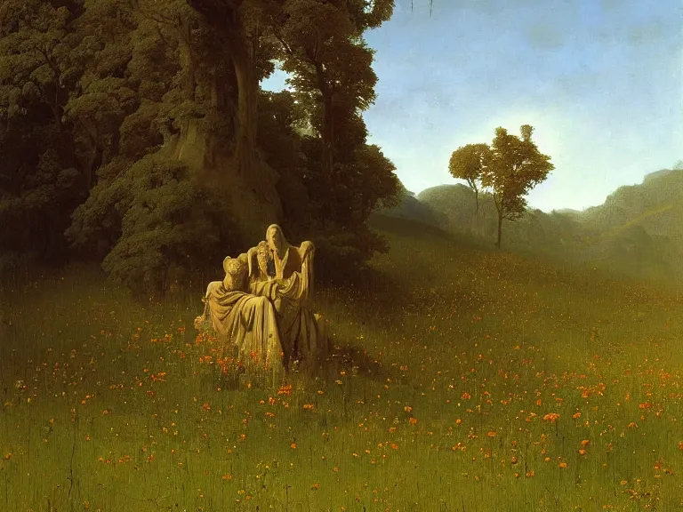 Prompt: an oil painting of a sacred sculpture in a vivid meadow on a beautiful morning by beksinski carl spitzweg and tuomas korpi. baroque elements, full-length view. baroque element. intricate artwork by caravaggio. Trending on artstation. 8k