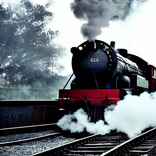 Prompt: train with steam locomotive leaving the station, dramatic cinematic angle and lighting