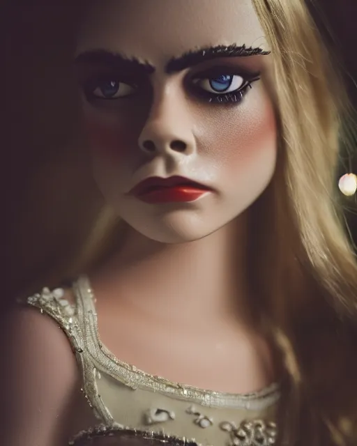 Image similar to high quality presentation photo of cara delevigne as a porcelain doll, photography 4k, f1.8 anamorphic, bokeh, 4k, Canon, Nikon