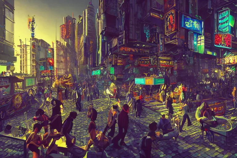 Image similar to Carnival, very highly detailed face's and body's. Voxel grapics concept art by Caravaggio, Details by Caravaggio , cyan dimensional light, , Cyberpunk city as Background by Hiromasa Ogura