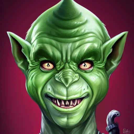 Image similar to headshot of a goblin with a bulbous nose, long ears, black slick hair, a white clouded eye and a scar, wicked smile, greenish skin, dnd illustration, concept character in the style of boris vallejo and jeff easley, digital art, photoshop, trending on artstation,