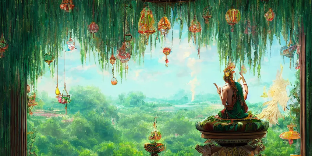 Prompt: painting of a wind god enjoying the view from his ornate heavenly palace, decorated with windchimes and paper lanterns, stunning green nature in background, digital art trending on artstation