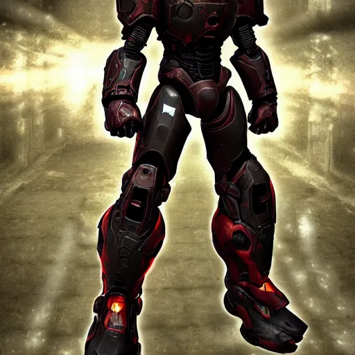 Image similar to doom slayer in power armor combined with samus, photography