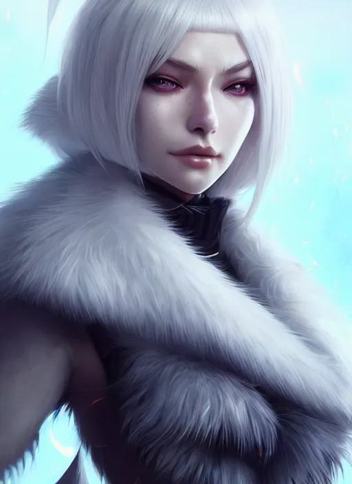 Image similar to fur - lined armor!!! beautiful and elegant white haired female!! gorgeous ayes!! character concept art, sharp focus, octane render! unreal engine 5! highly rendered!! trending on artstation!! detailed linework!! illustration by artgerm, wlop and anna dittmann