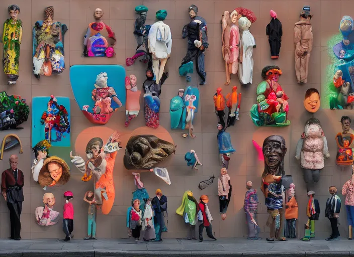 Image similar to group of people made of plastic and clay, 3 d, exterior street, neon japanese advertisements, portrait face, matt murphy, jeremy enecio, miles johnston, monet, cynical realism, john william godward, yoshitaka amano, miles johnston, louise zhang, matt murphy, enes dirig, pekka halonen, finnish naturalism, realism