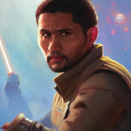 Image similar to portrait of Steven Michael Quezada as a Star Wars character, accurate, intricate, headshot, highly detailed, digital painting, artstation, concept art, sharp focus, illustration, art by artgerm and greg rutkowski and alphonse mucha