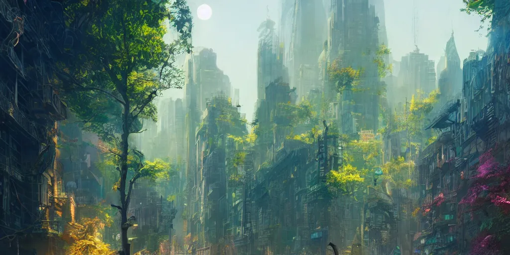 Prompt: a fantasy solarpunk new york city, illustration by greg rutkowski, bright sunlight, sun glints, vivid and colorful trees and plants and flowers, digital art, 8 k, trending on artstation