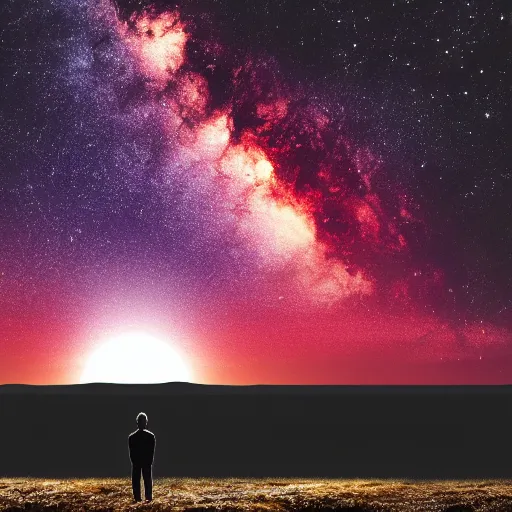 Image similar to 4K ultra HD detailed award-winning wallpaper silhouette of lonely man standing looking at Earth from far away huge vast sky universe