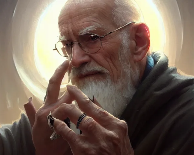 Image similar to old man with rings on all his fingers, deep focus, d & d, fantasy, intricate, elegant, highly detailed, digital painting, artstation, concept art, matte, sharp focus, illustration, hearthstone, art by artgerm and greg rutkowski and alphonse mucha