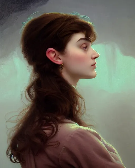 Prompt: !dream portrait of a welsh teenage girl with brown hair, glowing skin, delicate features, quiet beauty, amelie poulain, elfin beauty, fantasy, intricate, elegant, dress shirt, highly detailed, digital painting, artstation, concept art, smooth, sharp focus, illustration, art by Krenz Cushart and Artem Demura and alphonse mucha