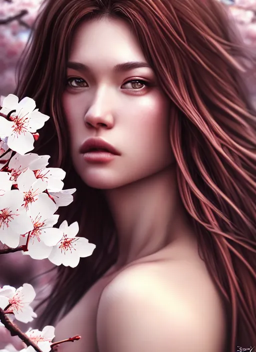 Prompt: photo of a gorgeous female with messy hair in the style of stefan kostic, realistic, body shot, sharp focus, 8 k high definition, insanely detailed, intricate, elegant, art by stanley lau and artgerm, cherry blossoms