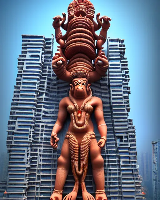 Image similar to high quality 3 d futuristic biomorphic hanuman! head building in mumbai!! centre, highly detailed, cinematic smooth, berenice abbott & john j. park, dramatic warm morning light, wide shot, high angle, uhd 8 k, sharp focus