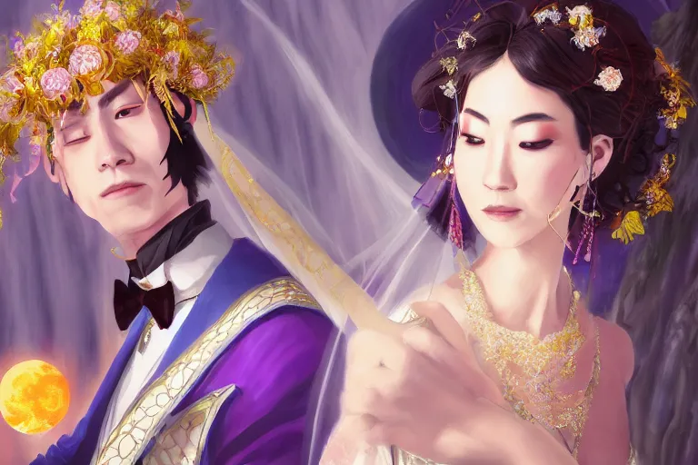 Image similar to a cinematic portrait of wedding photograph jpeg close up moment of a divine a japan sun god and moon goddess lovers magician at a wedding banquet. portraiture. digital painting. artstation. concept art. wedding photo. digital painting. violet evergarden art masterpiece by art by krenz cushart