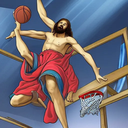 Image similar to Jesus wearing robes dunks a ball in a basketball court, hd