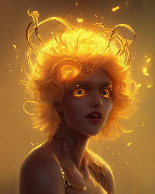 Image similar to a beautiful sun sorceress, flowy yellow golden hair, golden eyes, sun, summer, cinematic lighting, highly detailed, digital painting, trending on artstation, pixiv, concept art, sharp focus, illustration, art by ross tran and wlop, dark art