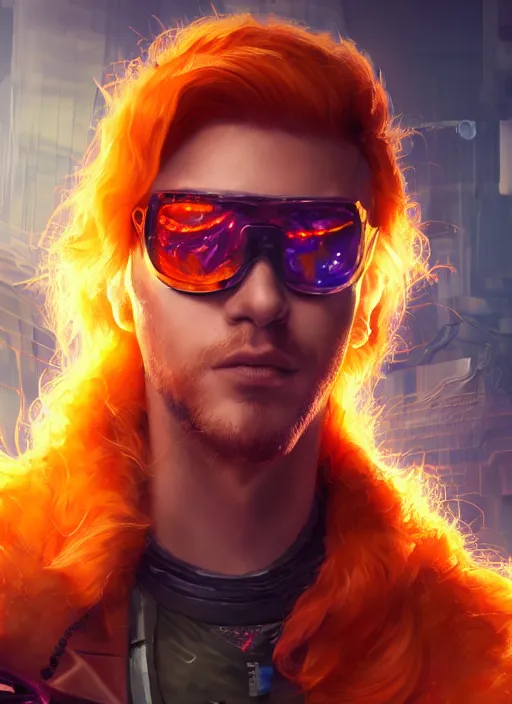 Image similar to cyberpunk portrait of a curly orange hair man as a champion from league of legends, au naturel, hyper detailed, digital art, trending in artstation, cinematic lighting, studio quality, smooth render, unreal engine 5 rendered, octane rendered, art style by pixar dreamworks warner bros disney riot games and arcane.