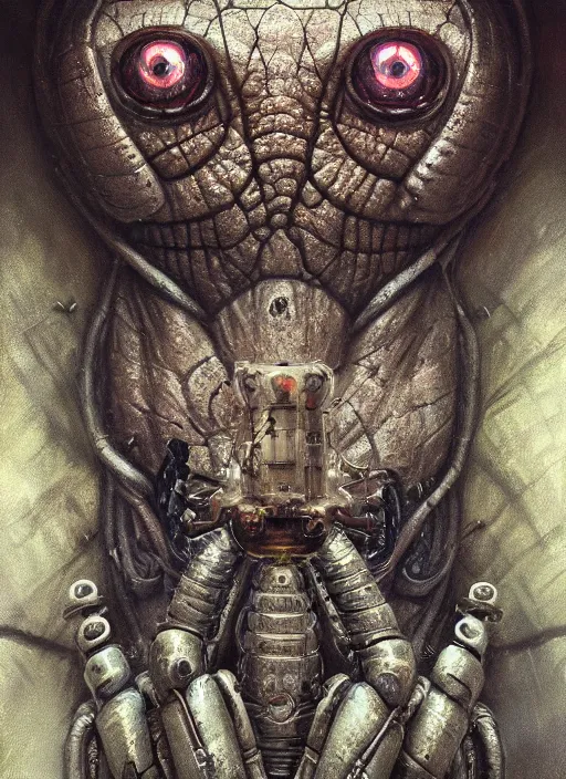 Prompt: close up sci - fi horror quarter machine simon stalenhag reptile robot eyes, quartz skin, elegant, highly detailed, centered, digital painting, concept art, smooth, sharp focus, illustration, artgerm, tomasz alen kopera, peter mohrbacher, donato giancola, joseph christian leyendecker, wlop, frank frazetta