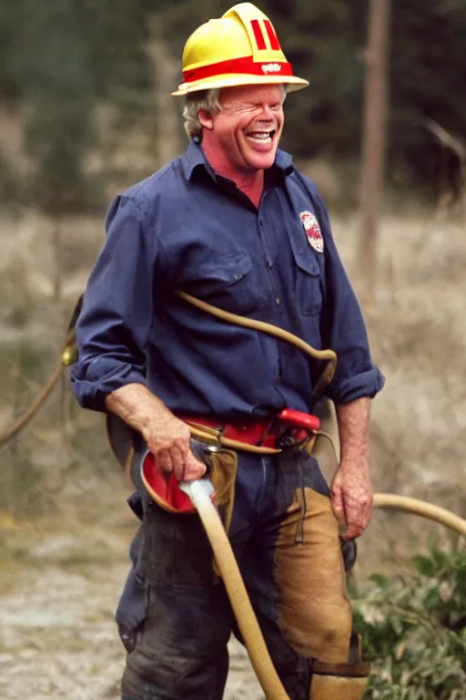 Prompt: kevin tighe wearing a fireman helmet, in a fire laughing