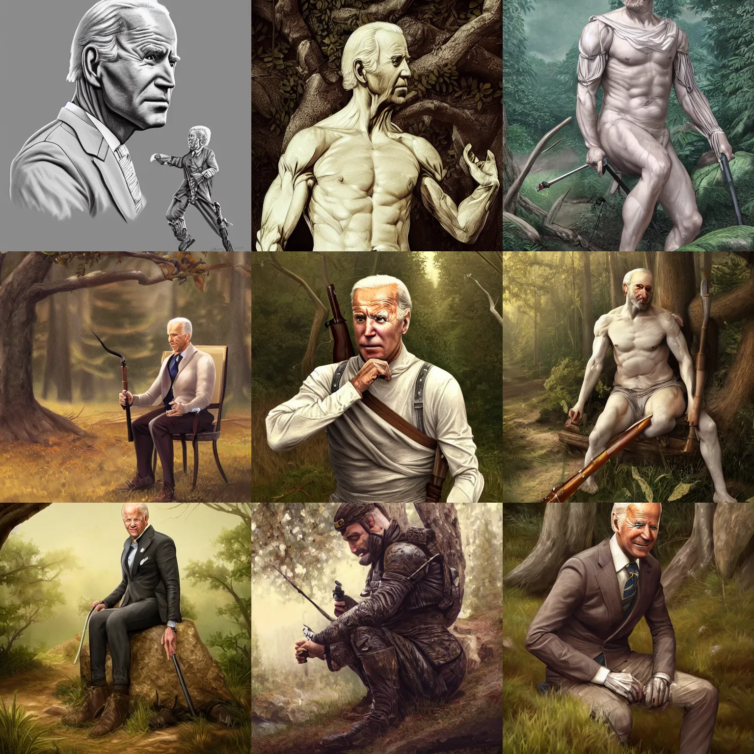 Prompt: highly detailed biden in neoclassical style sitting in ambush in the woods, proportionally accurate, anatomically correct, two arms, two legs, high quality, realistic, gorgeous, amazing, elegant, intricate, highly detailed, digital painting, artstation, sharp focus