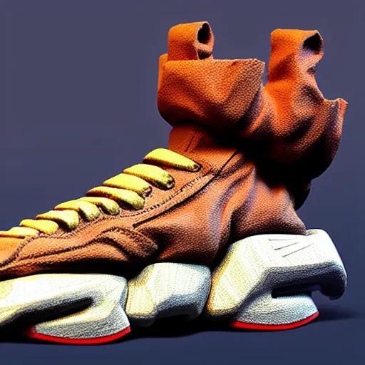 Image similar to realistic scultpure of sneaker! design, sneaker design overwatch fantasy style mixed with aztec mayan native street fashion, focus on sneakers only, shoes designed by akira toriyama and studio ghibli