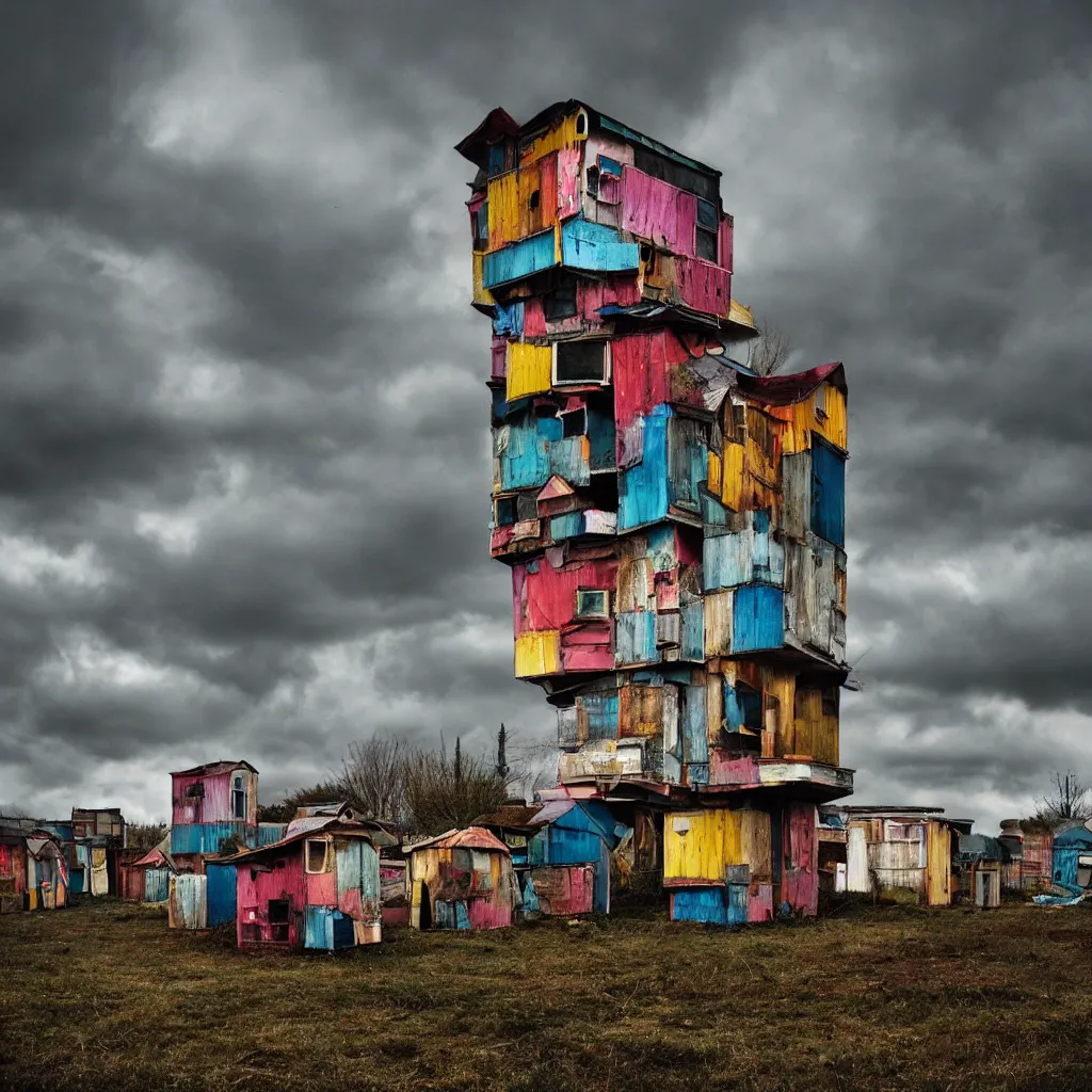 Image similar to a tower made up of colourful makeshift squatter shacks, bleached colours, moody cloudy sky, dystopia, mamiya, very detailed, photographed by cristina de middel