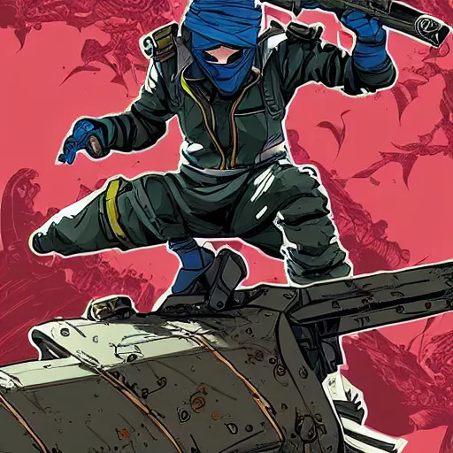 Image similar to ninja in the style of Borderlands, by Feng Zhu and Loish and Laurie Greasley, Victo Ngai, Andreas Rocha, John Harris