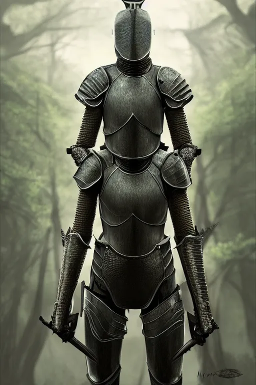 Prompt: female knight in the wild nature, dressed, symmetry, sci - fi, dark fantasy light, perfect composition, 4 k, ultra hd, sense of awe, created by wayne barlowe