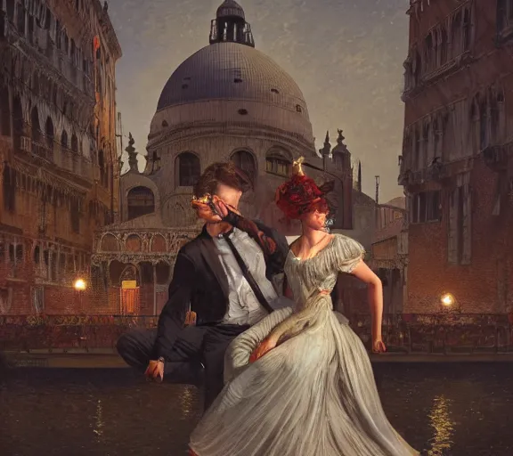 Image similar to photography of a 1 8 th couple in venice with fireworks, deep focus, intricate, elegant, highly detailed, digital painting, artstation, concept art, matte, sharp focus, illustration, art by artgerm and greg rutkowski and alphonse mucha and gil elvgren