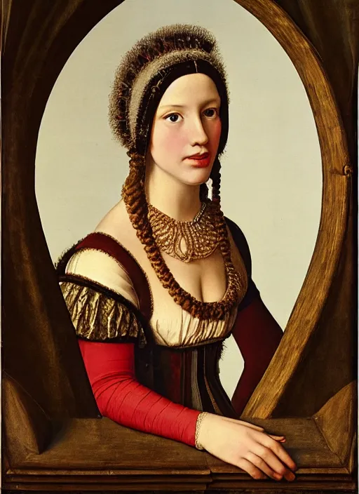 Prompt: portrait of young woman in renaissance dress and renaissance headdress, art by adolf ziegler