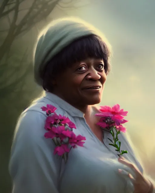 Image similar to moms mabley surrounded by mist and pretty flowers, very detailed, realistic face, detailed face, matte, tonemapping,, perfection, 4 k, cushart krenz, cinematic, atmospheric