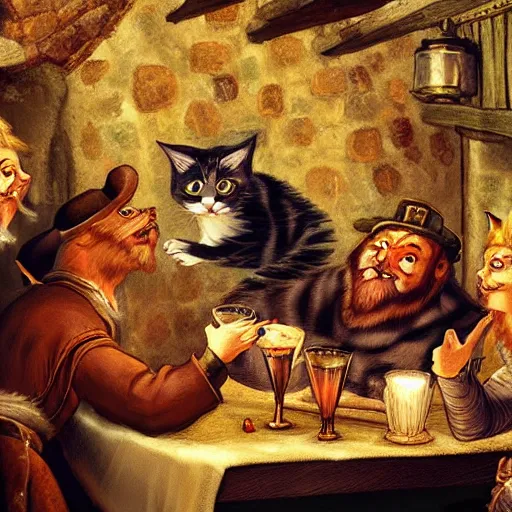 Prompt: Drunken jolly cat patrons in a medieval tavern enjoying the evening | fantasy art