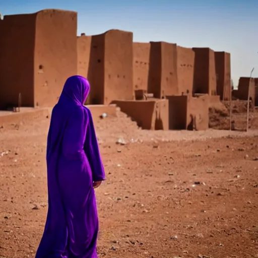 Image similar to low shot photo of feminine and lean arab woman wearing a long purple dress, wearing burqa, strutting, with najdi mud houses in the background, in the style of annie leibovitz amd steve meiele