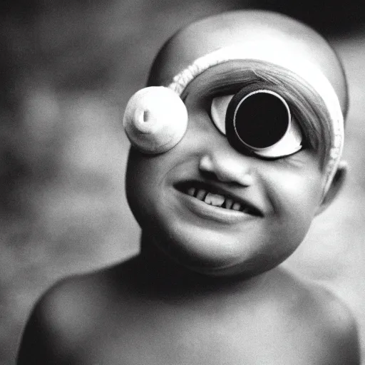 Image similar to a cyclops boy with one eye smiling but confused. High quality photograph. 35mm lens.