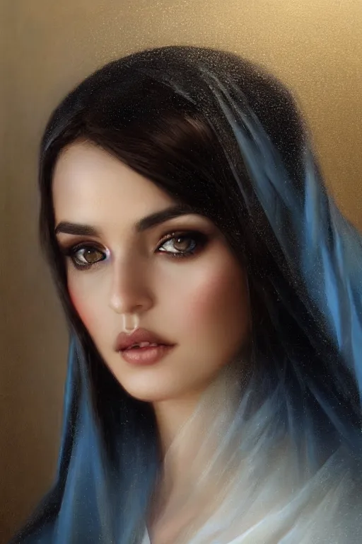 Image similar to modern tanned Ameera al-Taweel, bright blue eyes, wavy black hair, white veil, closeup, focus face, elegant, highly detailed, centered, oil painting, artstation, concept art by tom bagshaw