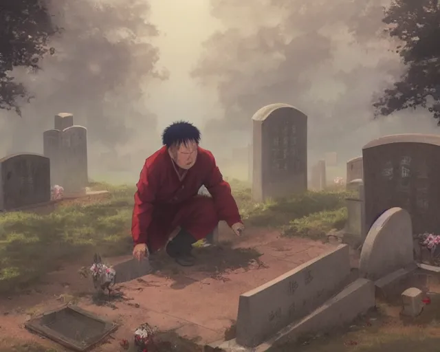 Image similar to a 50 year old brunnete chinese man kneeling over a grave in a cemetery, horror scene, dramatic, anime art, Greg Rutkowski, studio ghibli, dramatic lighting