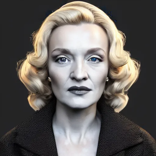 Image similar to A Hearts of Iron IV portrait of a blonde German actress who looks like Marlene Dietrich. Highly detailed, fine Art, high detail, great lighting, 8k resolution, masterpiece, concept art, illustration, clear eyes, painting oil on canvas, octane render, HDR, trending on artstation, 4k, 8k, HD