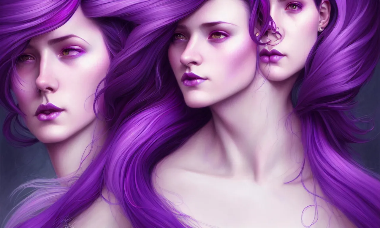 Image similar to Purple hair relistic Portrait of a three woman with bright colored flying hair, all shades of purple. Beauty face, Hair coloring, fantasy, intricate, elegant, highly detailed, digital painting, artstation, concept art, smooth, sharp focus, illustration, art by artgerm and greg rutkowski and alphonse mucha