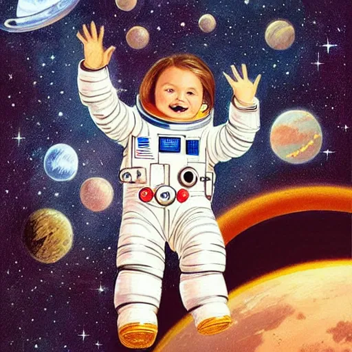 Prompt: a cute little girl with a round cherubic face, blue eyes, and short wavy light brown hair smiles as she floats in space with stars all around her. she is an astronaut, wearing a space suit. beautiful painting with highly detailed face by greg rutkowski and quentin blake