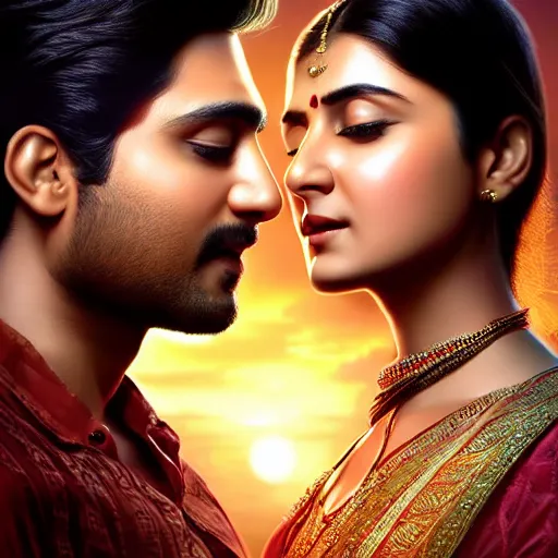 Prompt: perfectly centered bollywood movie promotional poster of young guy and beautiful girl side profile faces symmetrical ; real life portrait, ultra realistic, high coherence, intricate, hdr, highly detailed, photorealistic, octane render, 8 k, unreal engine ; romantic theme, two lovers sharing one heart ; art by artgerm, greg rutkowski, charlie bowater