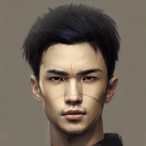 Image similar to Portrait of a man by Greg Rutkowski, he is about 20 years old, japanese, short black hair with bangs, young, manly, attractive, slim, he is wearing futuristic military fatigues, highly detailed portrait, scifi, digital painting, artstation, concept art, smooth, sharp foccus ilustration, Artstation HQ