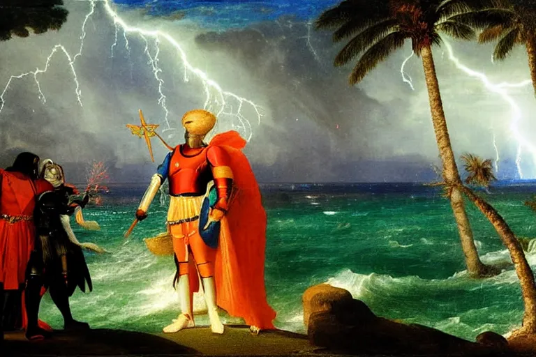 Image similar to Close-up of the Knight leaving the palace, refracted sparkles, thunderstorm, beach and Tropical vegetation on the background major arcana sky and symbols, by paul delaroche, hyperrealistic 4k uhd, award-winning, very detailed paradise