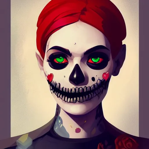 Prompt: a portrait of an emoji skull face, in the style of artgerm, charlie bowater, atey ghailan and mike mignola, vibrant colors and hard shadows and strong rim light, plain background, comic cover art, trending on artstation