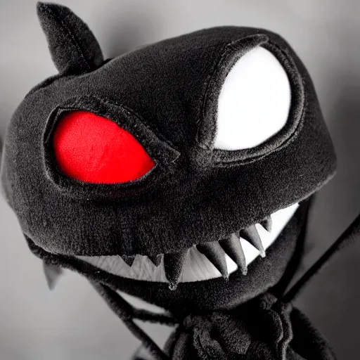 Image similar to close up potrait of an adorable grim reaper plush with black evil eyes, bat wings and venom's mouth, 4k, digital art, no artifacts, the whole image has a soft blur ethereal glow, yin yang symbols are on the background