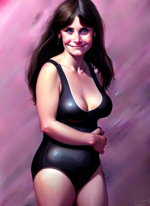 Image similar to portrait of cute 1 8 year old courtney cox as a bit chubby girl, painted by stanley artgerm, sleek curves, sharp focus, trending on artstation hq, deviantart